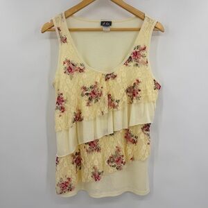 DOTS Vintage Floral Yellow Ruffle Tiered Tank Blouse Lace Size Large Y2K 90’s